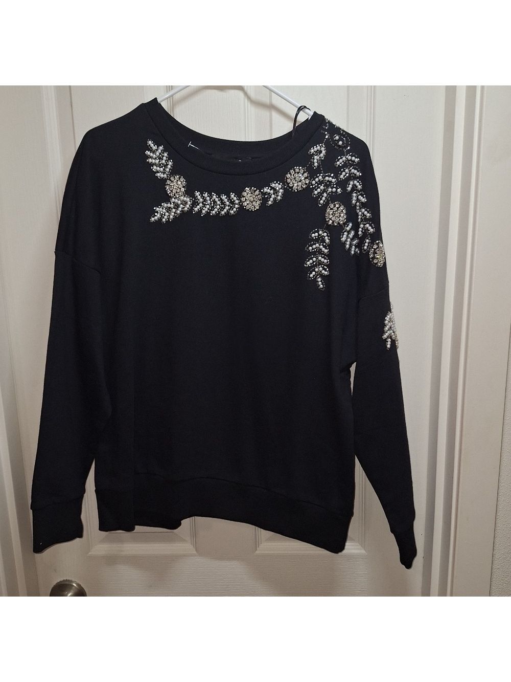 Broadway 38 Black Sweatshirt Silver Rhinestone Embellishments 1X